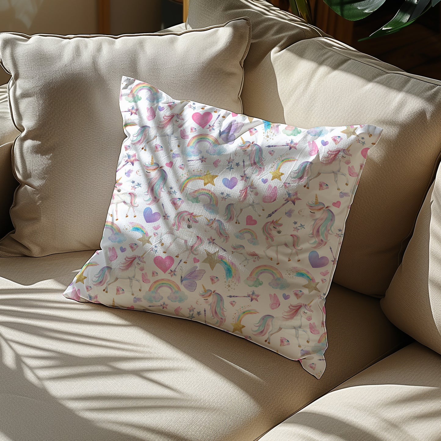 Magical Unicorn and Rainbow Square Throw Pillow