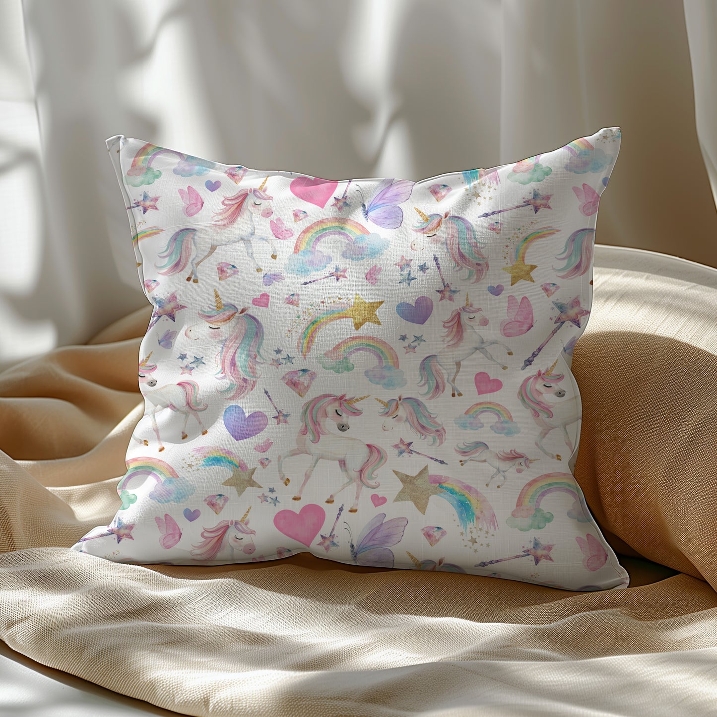 Magical Unicorn and Rainbow Square Throw Pillow