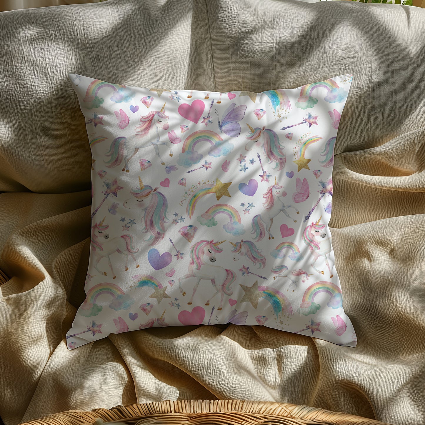 Magical Unicorn and Rainbow Square Throw Pillow
