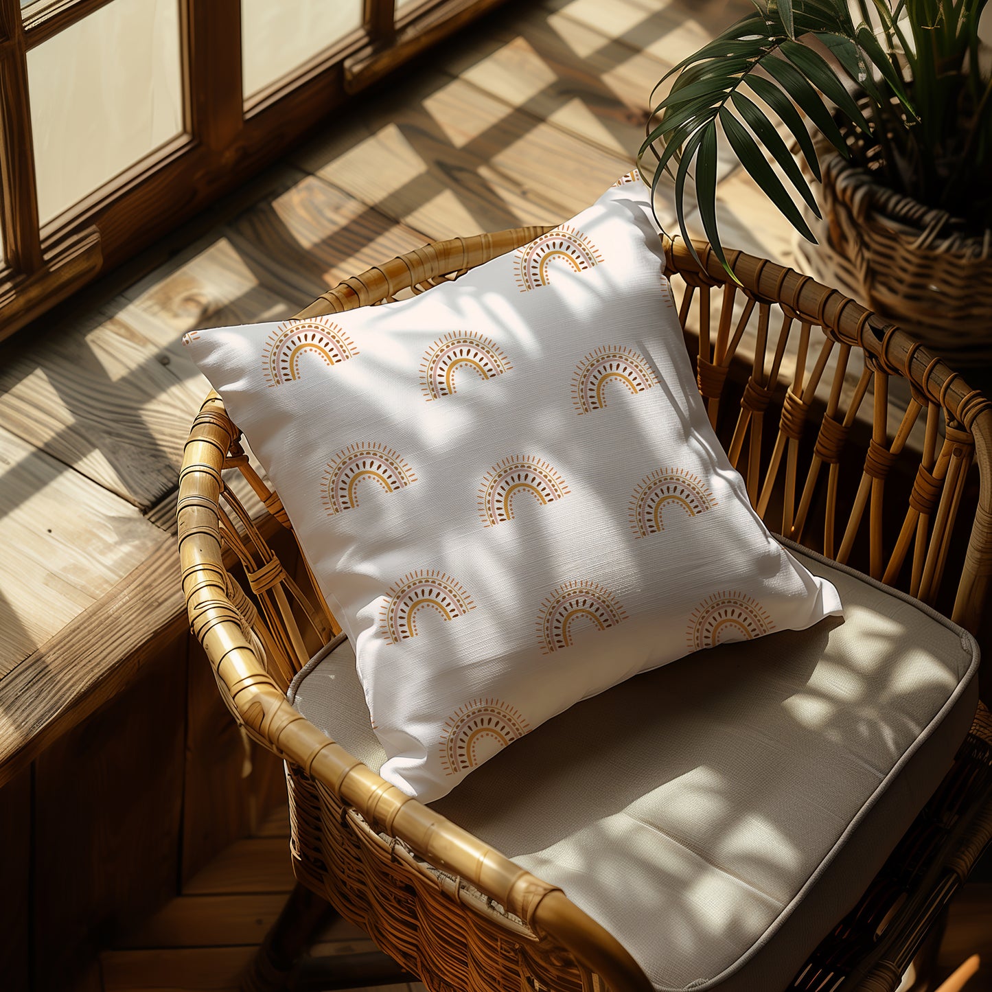 Boho Abstract Neutral Rainbow Square Throw Pillow