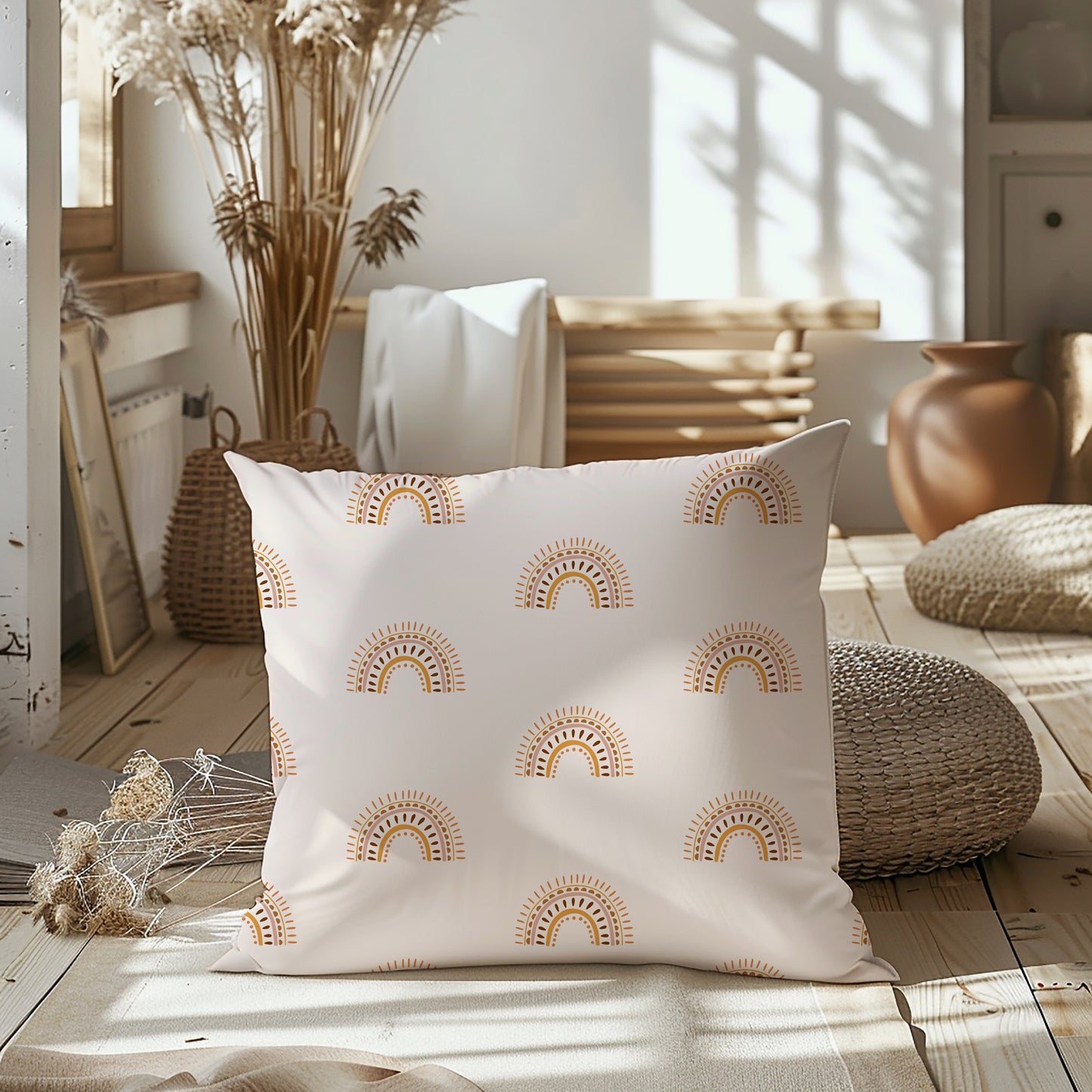 Boho Abstract Neutral Rainbow Square Throw Pillow
