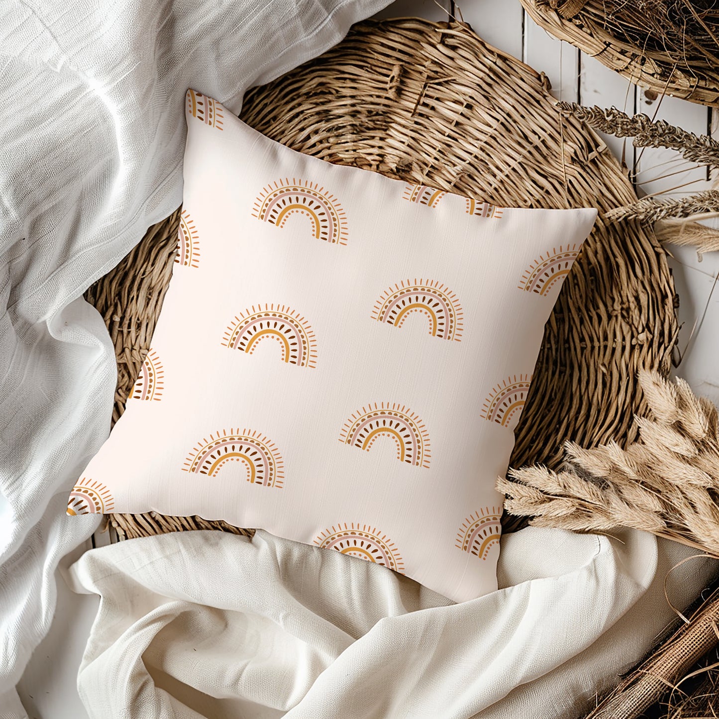 Boho Abstract Neutral Rainbow Square Throw Pillow