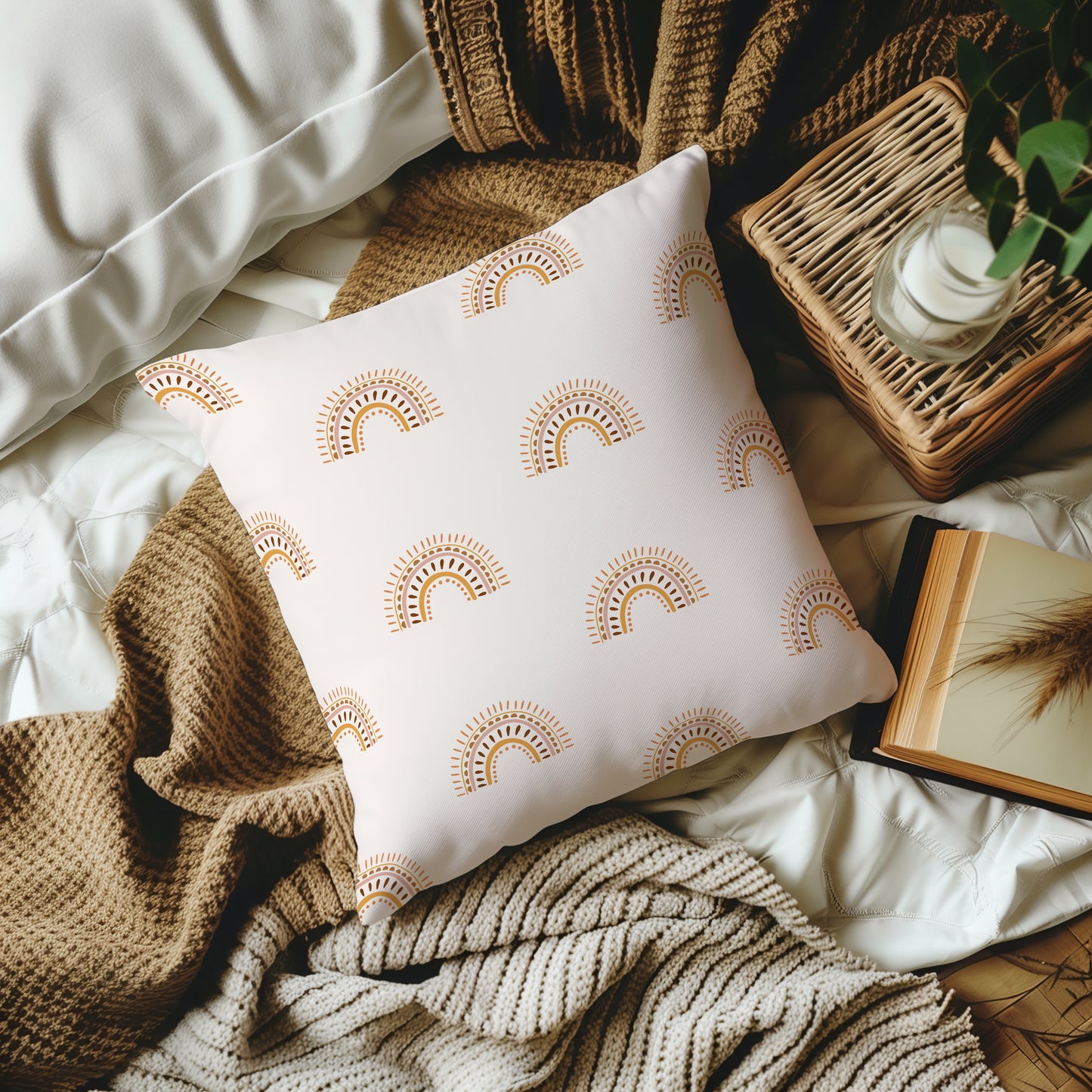 Boho Abstract Neutral Rainbow Square Throw Pillow