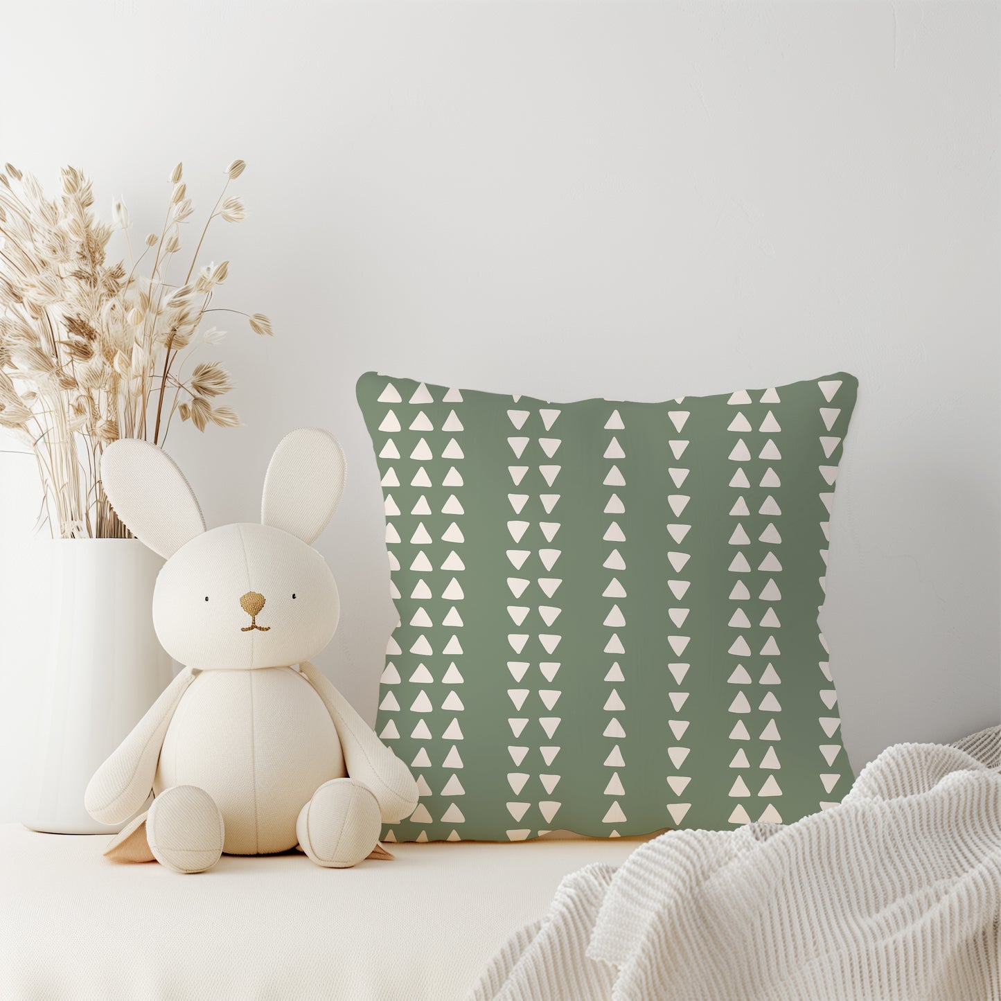 Modern Boho Neutral Green Triangule Design Square Throw Pillow