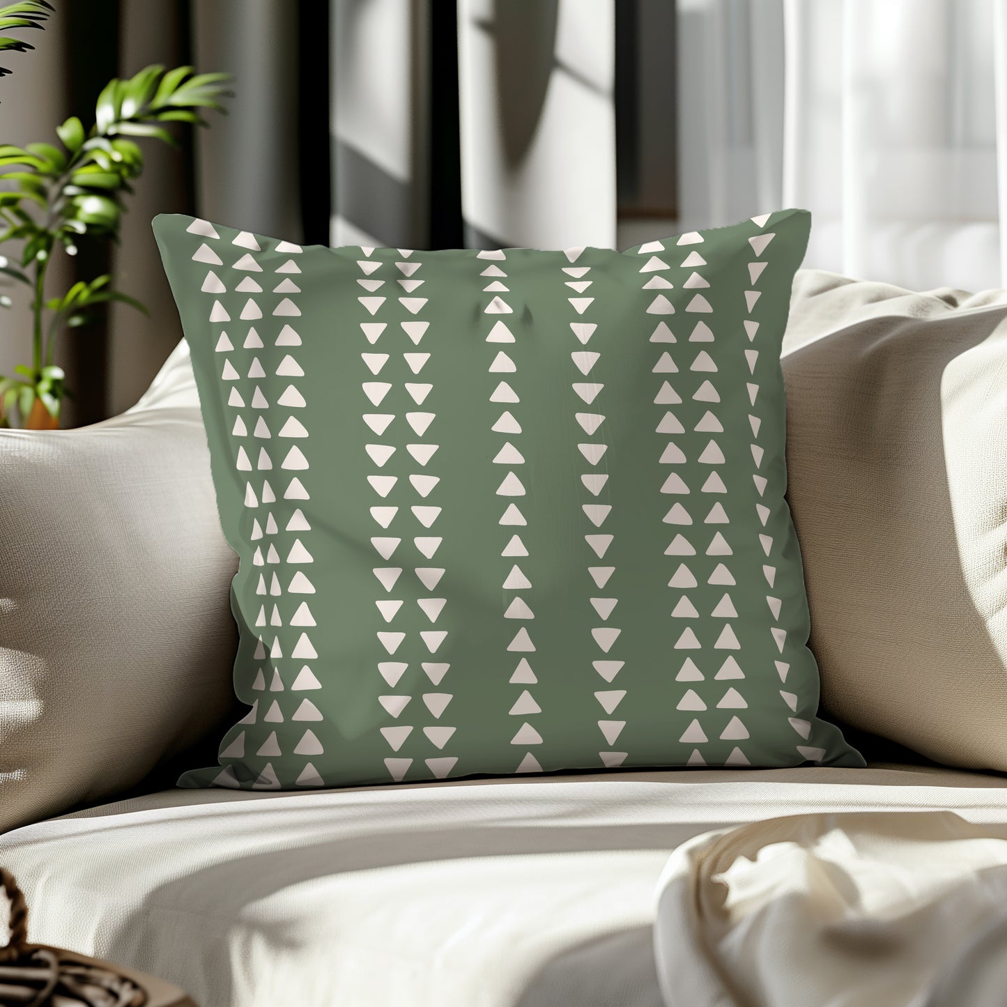 Modern Boho Neutral Green Triangule Design Square Throw Pillow
