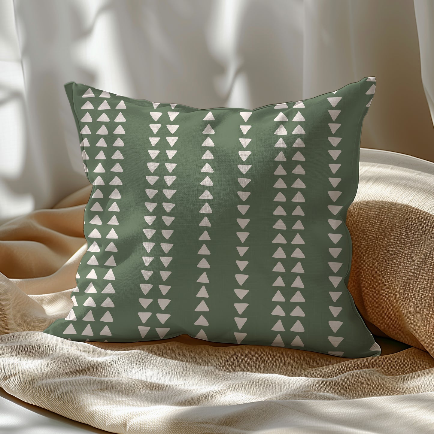 Modern Boho Neutral Green Triangule Design Square Throw Pillow