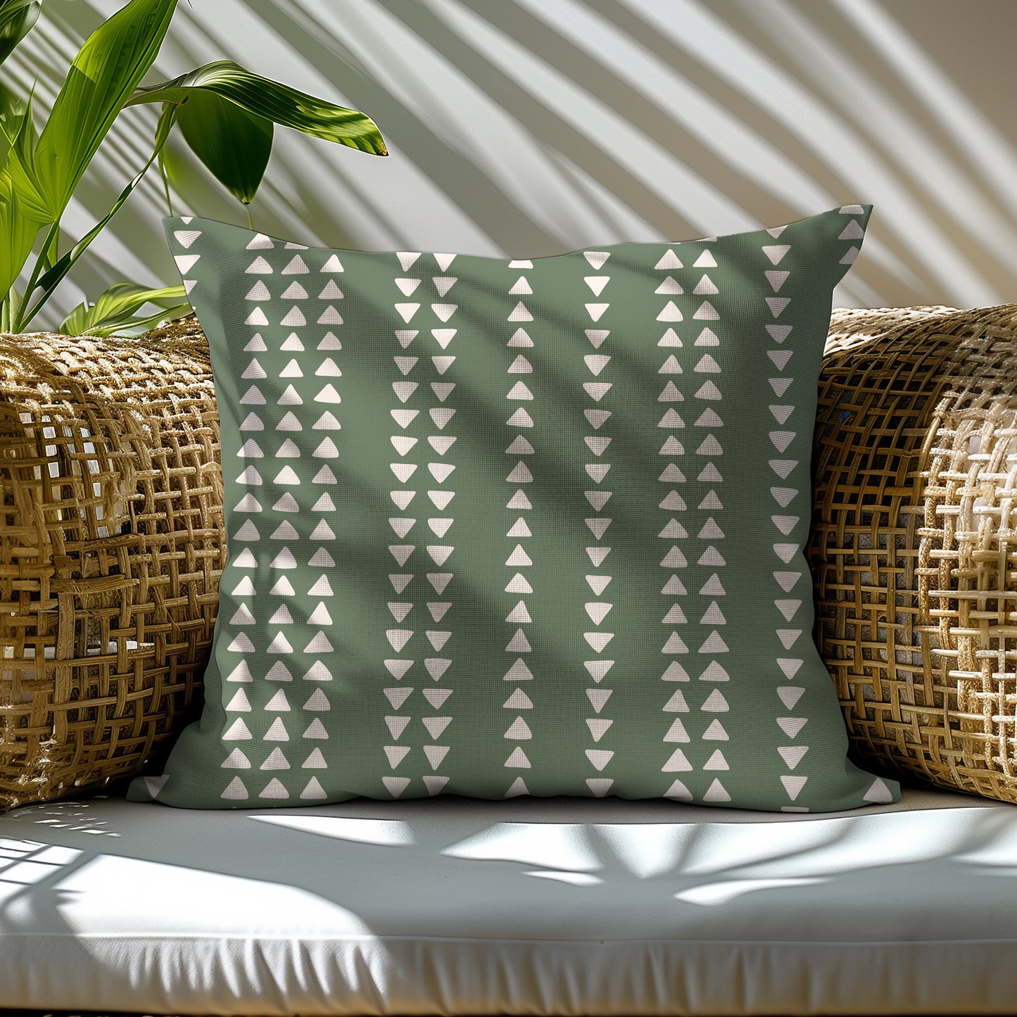 Modern Boho Neutral Green Triangule Design Square Throw Pillow