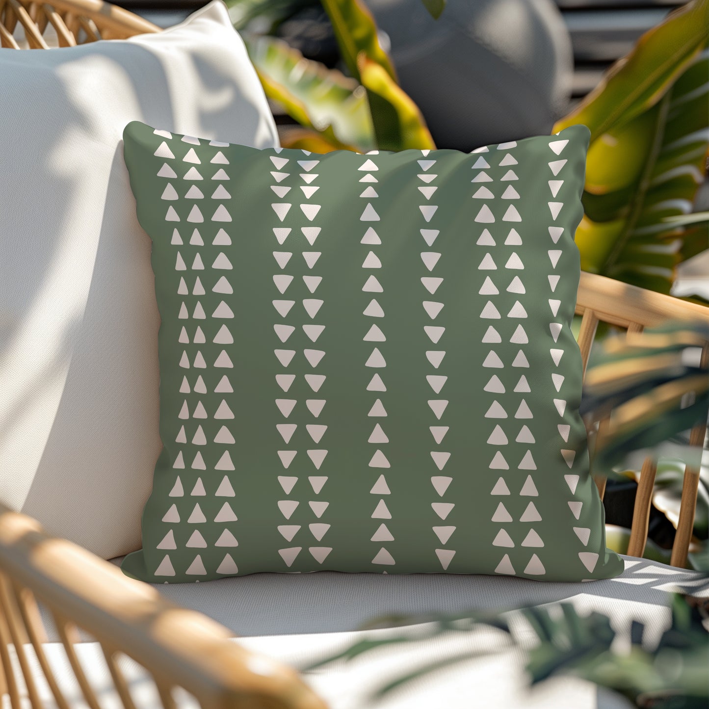 Modern Boho Neutral Green Triangule Design Square Throw Pillow