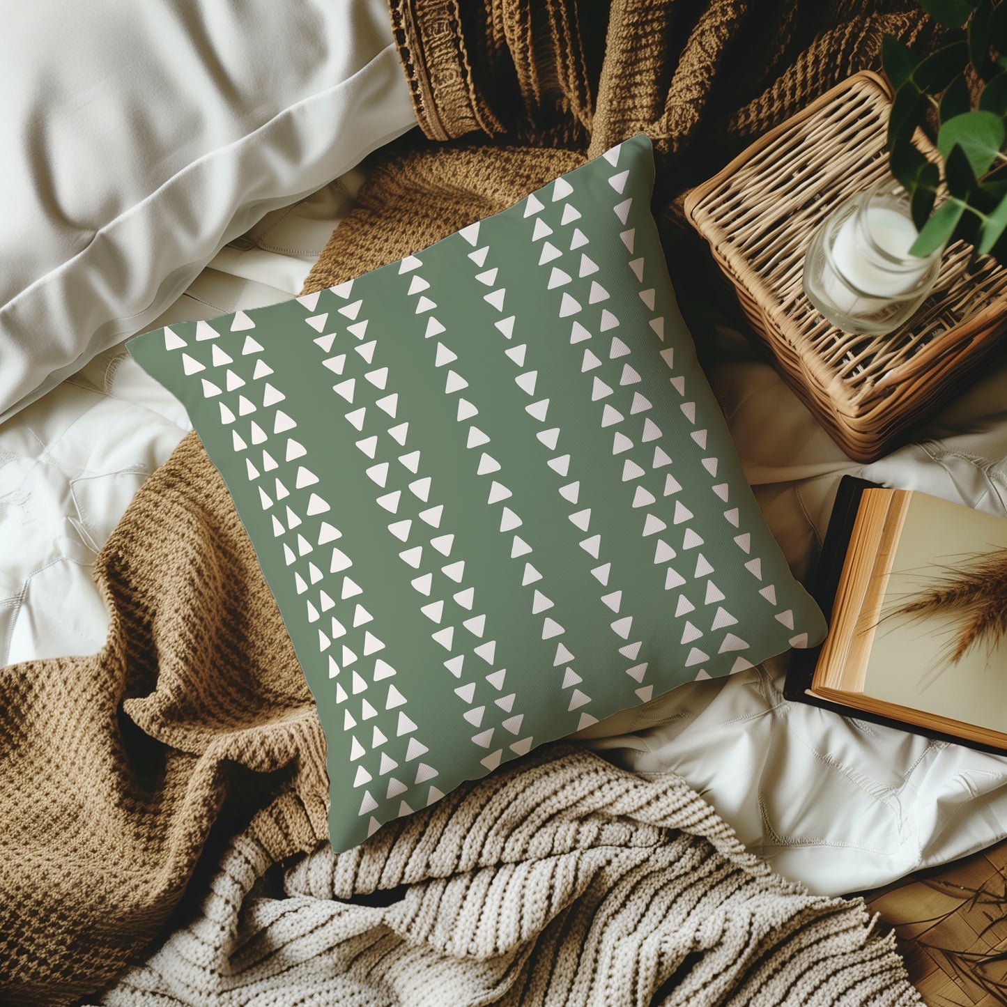 Modern Boho Neutral Green Triangule Design Square Throw Pillow