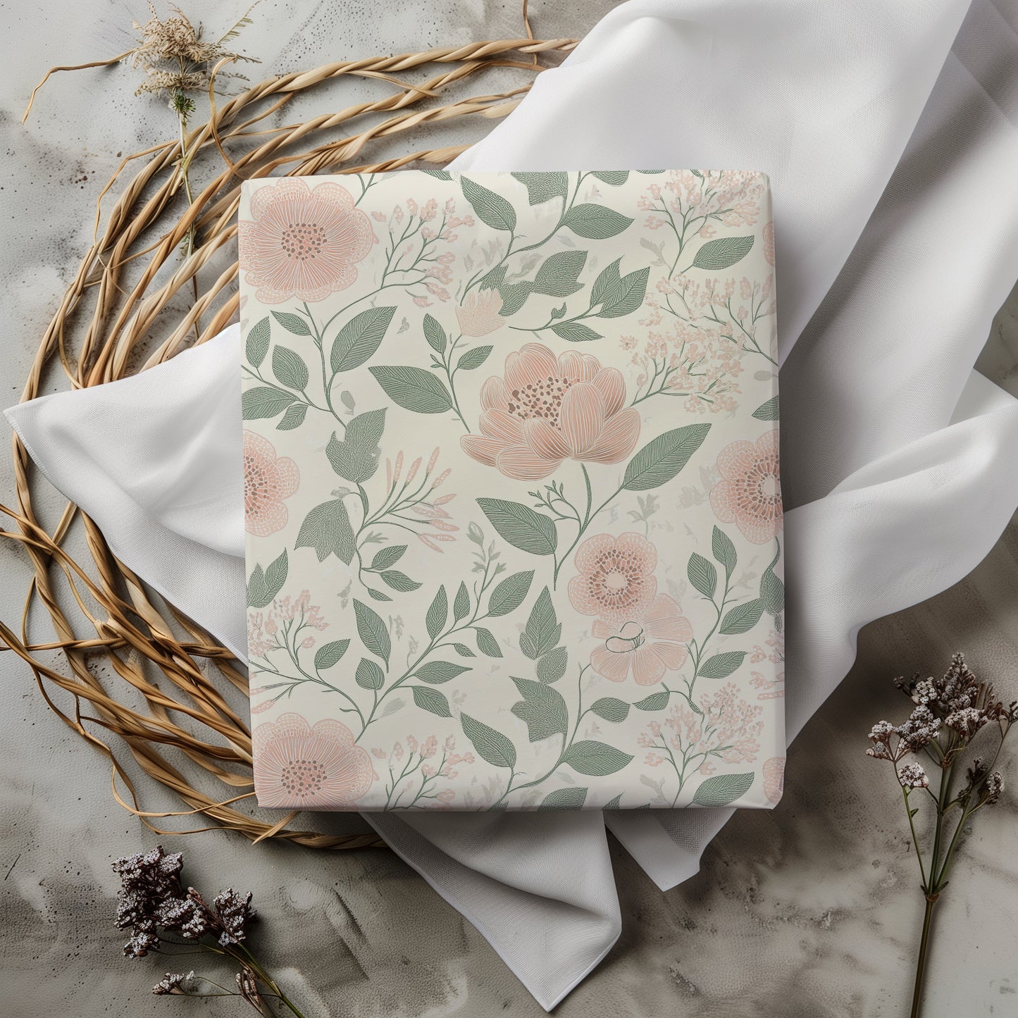 Charming Blush and Mint Floral Wrapping Paper, Gift Wrapping Paper for All Occasions, Birthday, Holiday, Special Events