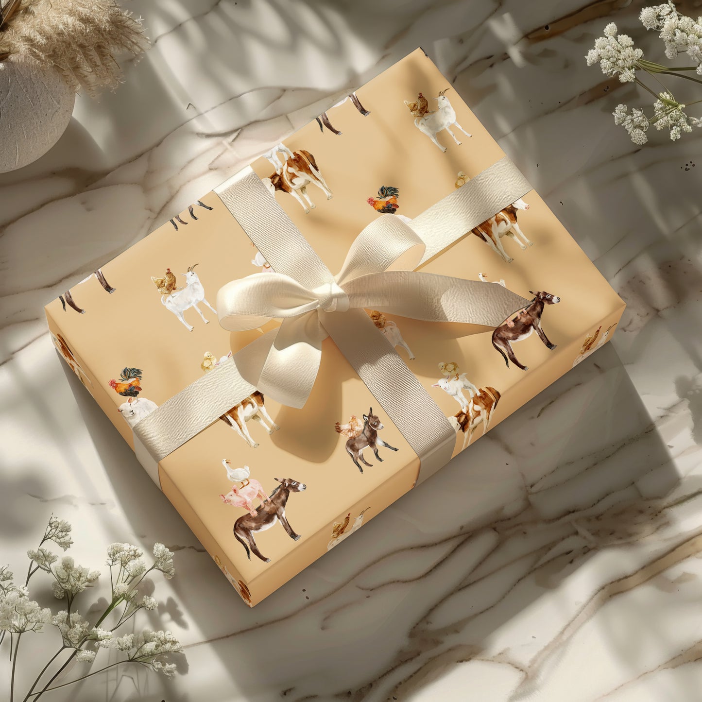 Minimalist Neutral Farm Animal Gift Wrapping Paper - Birthday - Baby Shower Gift - Abstract - Unique Adorable - Boho - Cow Chicken Donkey