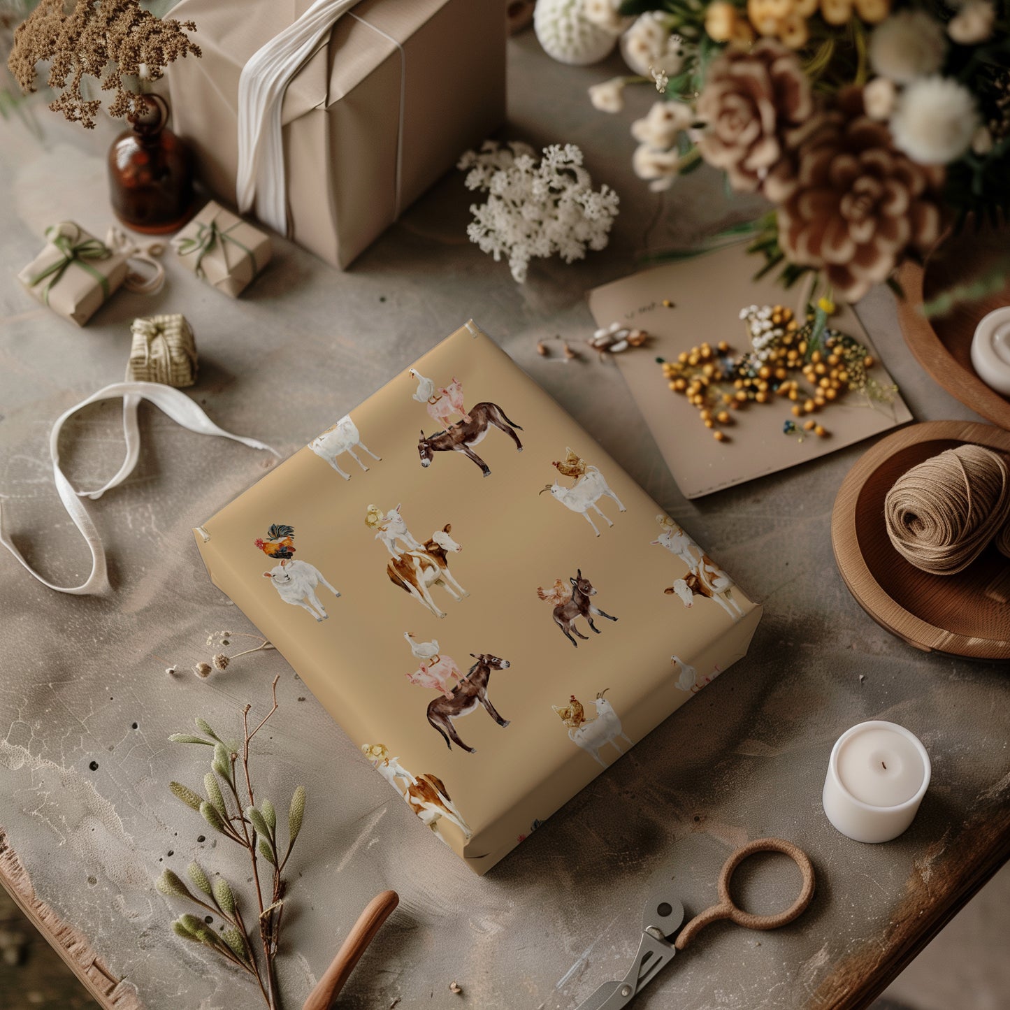 Minimalist Neutral Farm Animal Gift Wrapping Paper - Birthday - Baby Shower Gift - Abstract - Unique Adorable - Boho - Cow Chicken Donkey