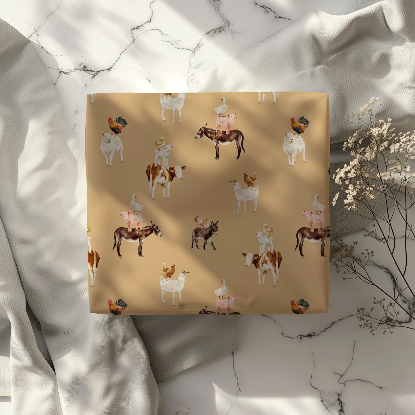 Minimalist Neutral Farm Animal Gift Wrapping Paper - Birthday - Baby Shower Gift - Abstract - Unique Adorable - Boho - Cow Chicken Donkey