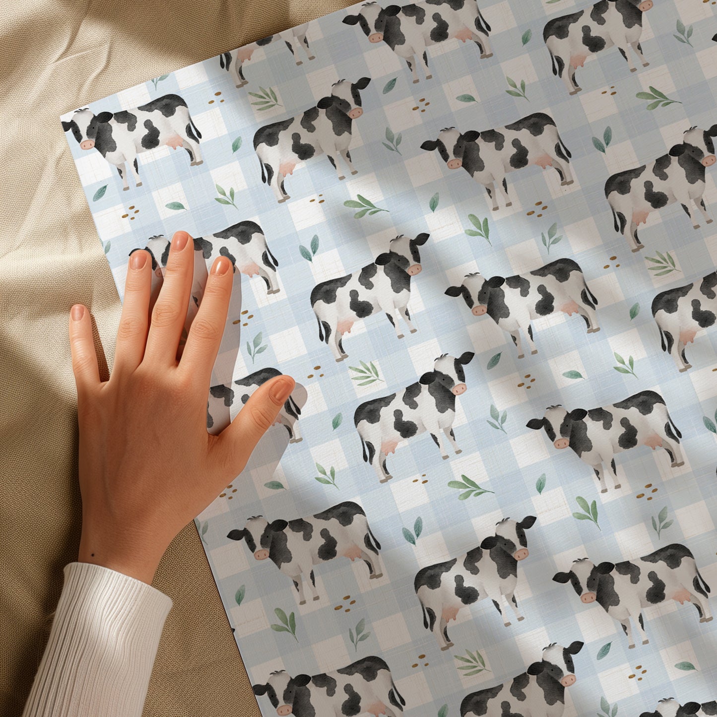 Gingham Blue Plaid Cow Gift Wrapping Paper - Birthday - Baby Shower Gift - Abstract - Unique Adorable - Farm Animal Lover