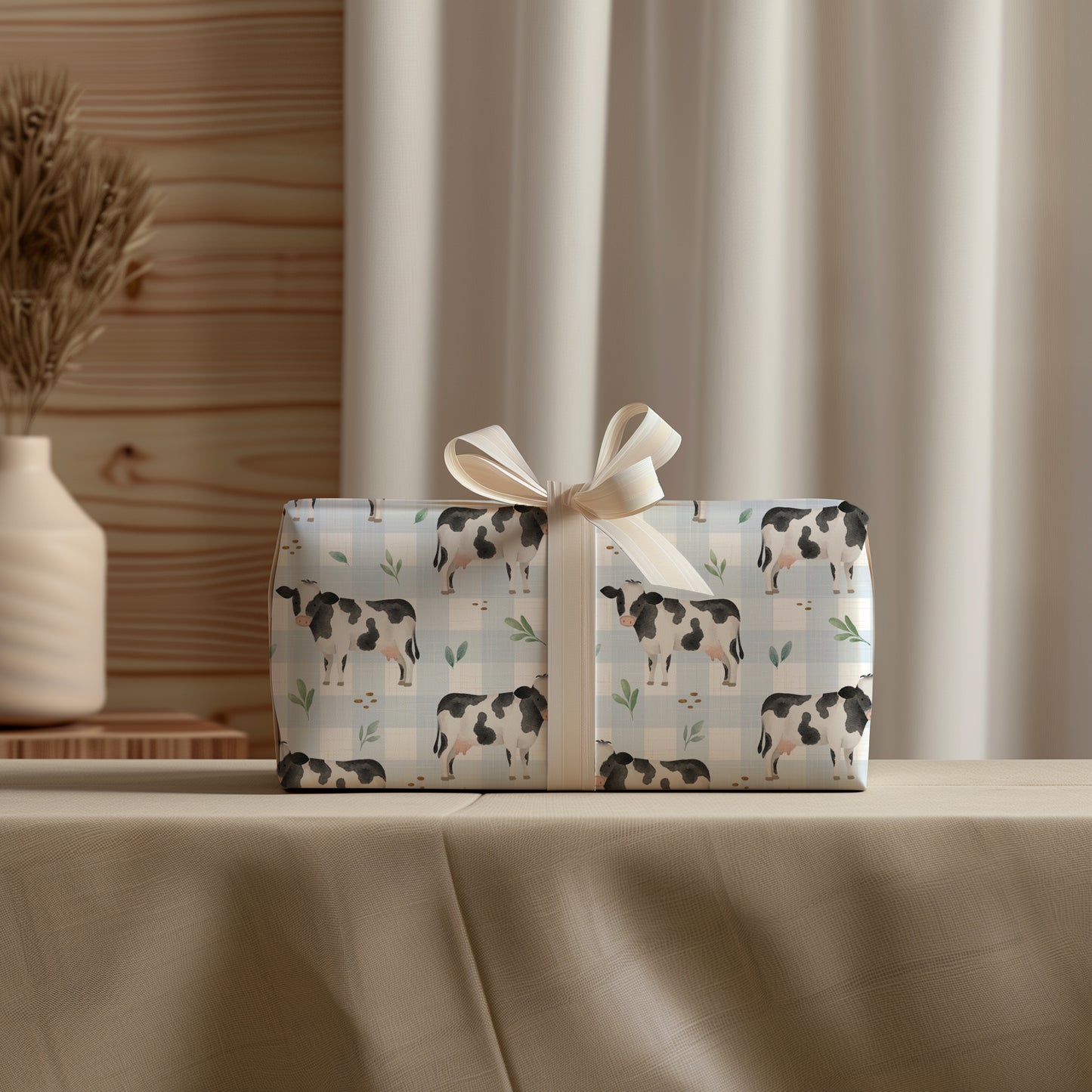 Gingham Blue Plaid Cow Gift Wrapping Paper - Birthday - Baby Shower Gift - Abstract - Unique Adorable - Farm Animal Lover