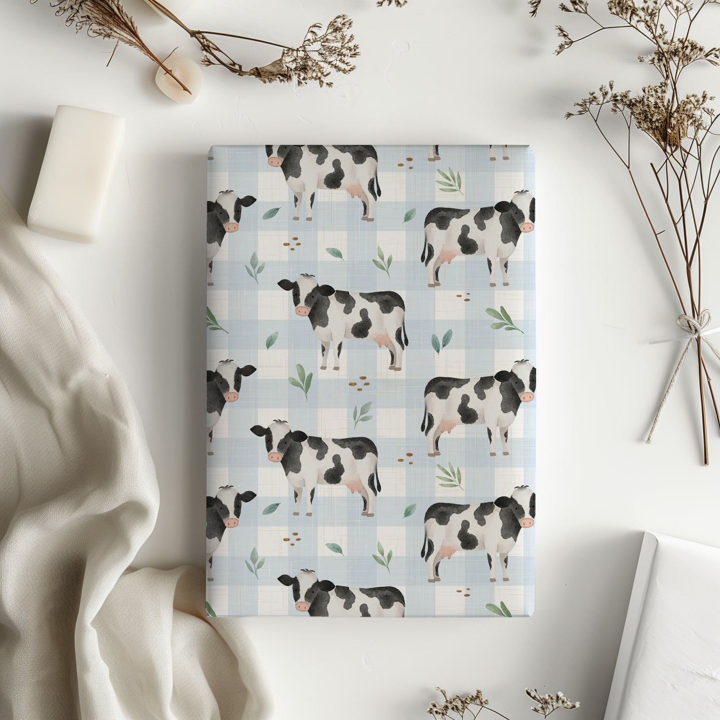 Gingham Blue Plaid Cow Gift Wrapping Paper - Birthday - Baby Shower Gift - Abstract - Unique Adorable - Farm Animal Lover