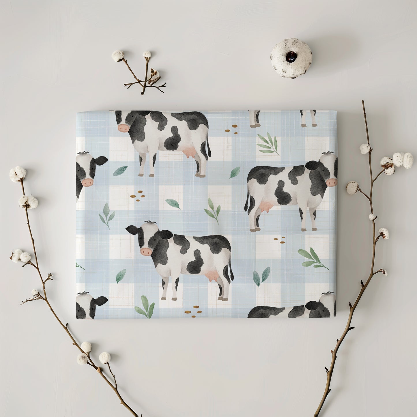Gingham Blue Plaid Cow Gift Wrapping Paper - Birthday - Baby Shower Gift - Abstract - Unique Adorable - Farm Animal Lover