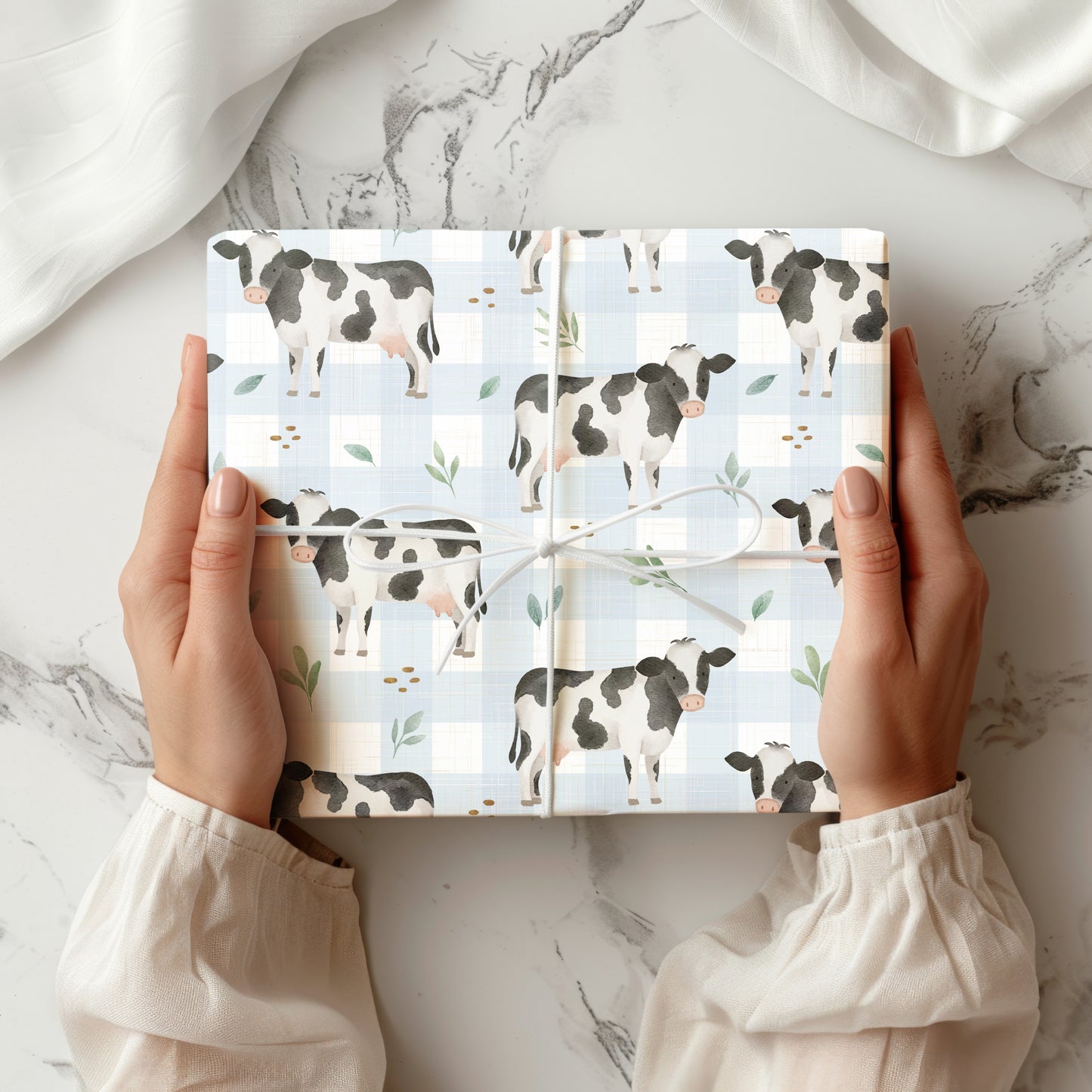 Gingham Blue Plaid Cow Gift Wrapping Paper - Birthday - Baby Shower Gift - Abstract - Unique Adorable - Farm Animal Lover