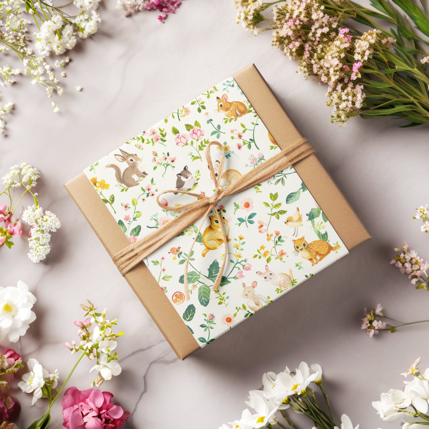 Vintage Springtime Animals with Floral Design Gift Wrapping Paper, Easter, Spring, Baby Shower, Kids Birthday Gift, Retro Wrapping Paper