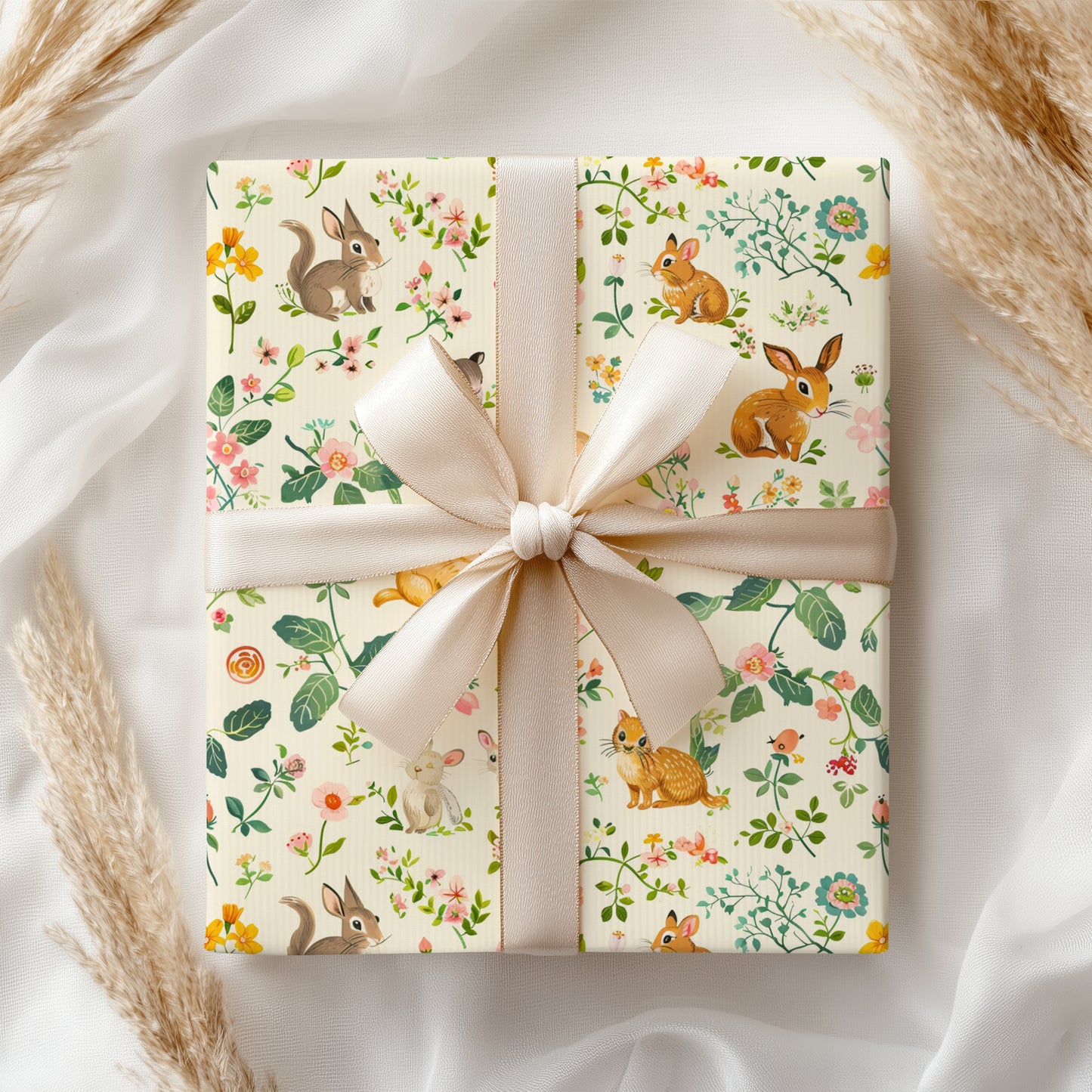Vintage Springtime Animals with Floral Design Gift Wrapping Paper, Easter, Spring, Baby Shower, Kids Birthday Gift, Retro Wrapping Paper