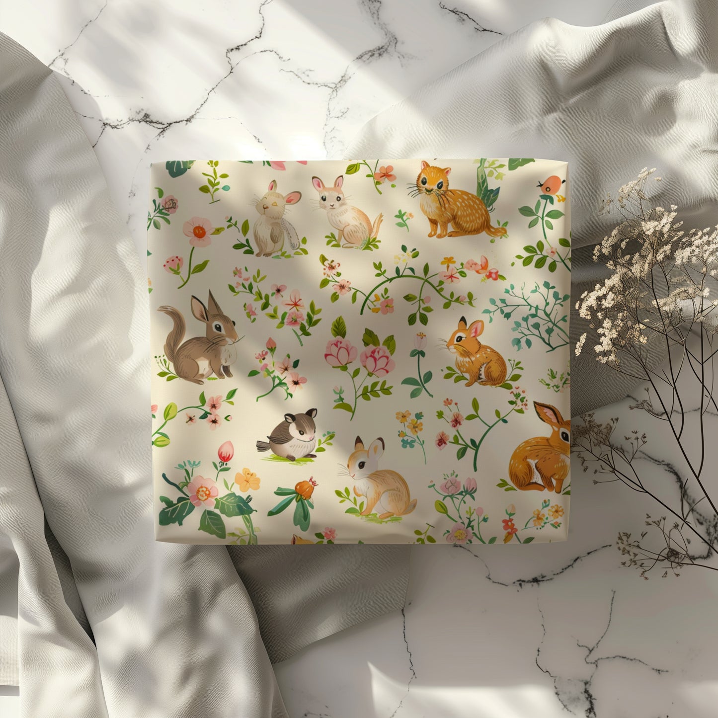 Vintage Springtime Animals with Floral Design Gift Wrapping Paper, Easter, Spring, Baby Shower, Kids Birthday Gift, Retro Wrapping Paper