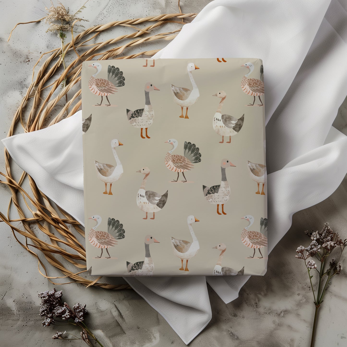 Whimsical Turkey and Duck Neutral Gift Wrapping Paper - Gift Wrap, Baby Shower Gift Paper, Holiday Gift Wrap, Birthday Wrap, Kids Gift