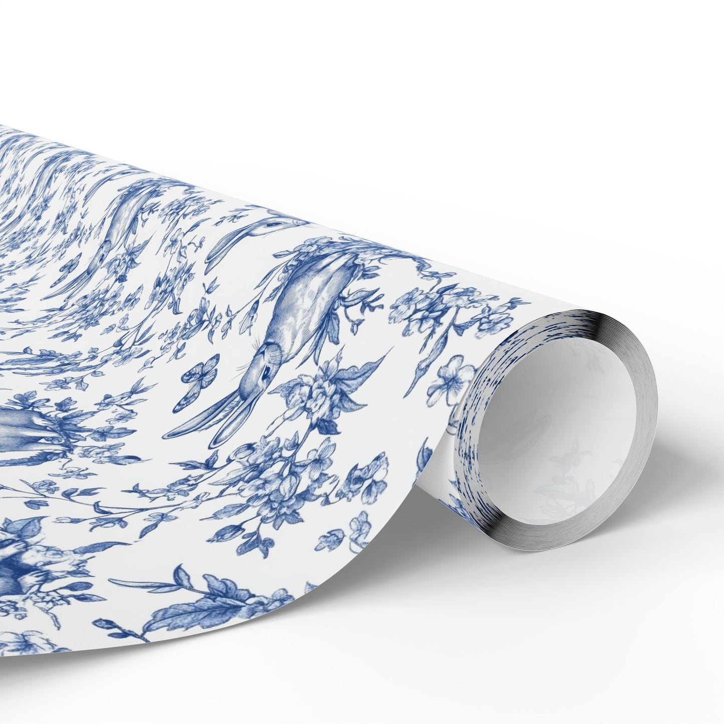 Blue Floral Bunny Toile Vintage Gift Wrapping Paper - Luxury Durable Gift Wrap, Easter, Spring, Baby Shower, Elegant Holiday