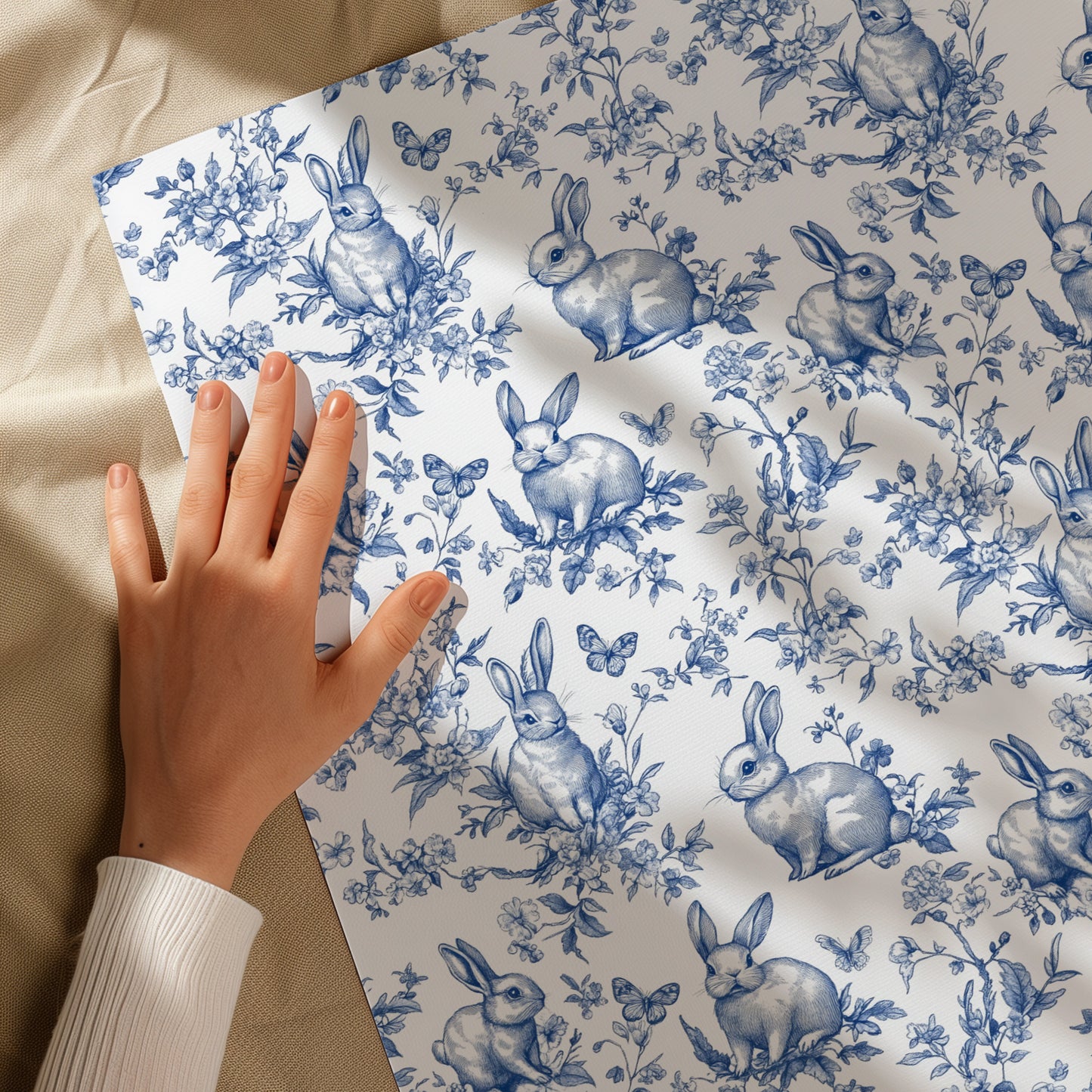 Blue Floral Bunny Toile Vintage Gift Wrapping Paper - Luxury Durable Gift Wrap, Easter, Spring, Baby Shower, Elegant Holiday
