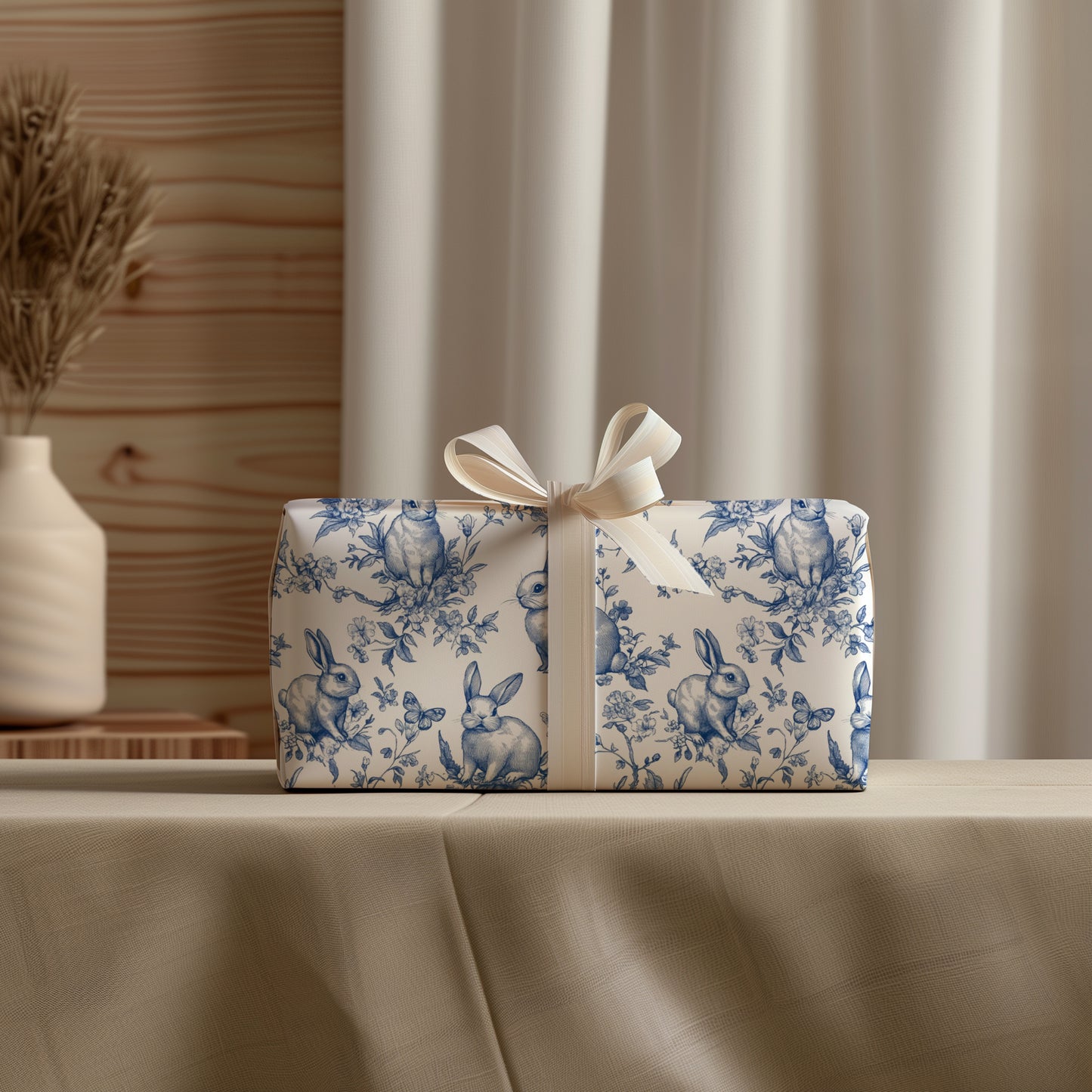 Blue Floral Bunny Toile Vintage Gift Wrapping Paper - Luxury Durable Gift Wrap, Easter, Spring, Baby Shower, Elegant Holiday