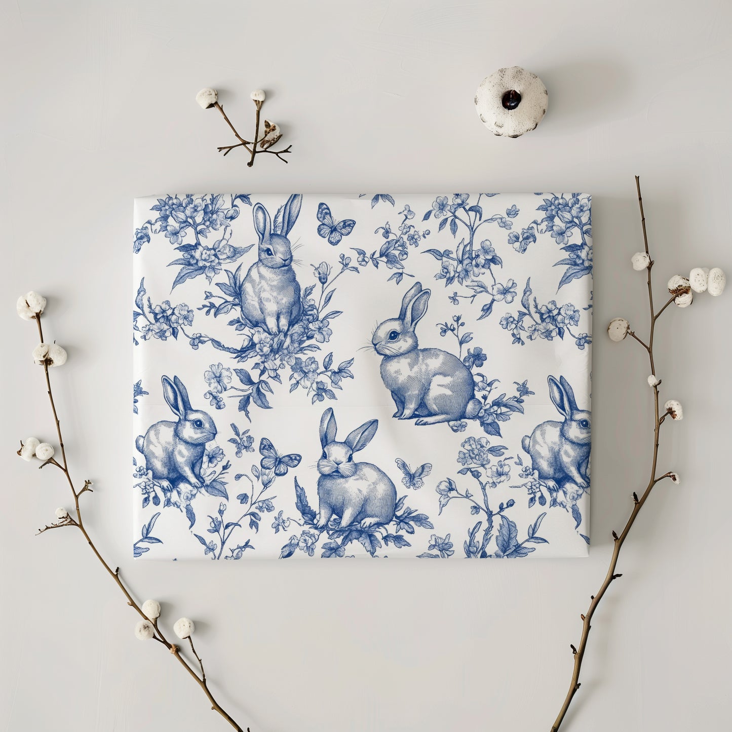 Blue Floral Bunny Toile Vintage Gift Wrapping Paper - Luxury Durable Gift Wrap, Easter, Spring, Baby Shower, Elegant Holiday