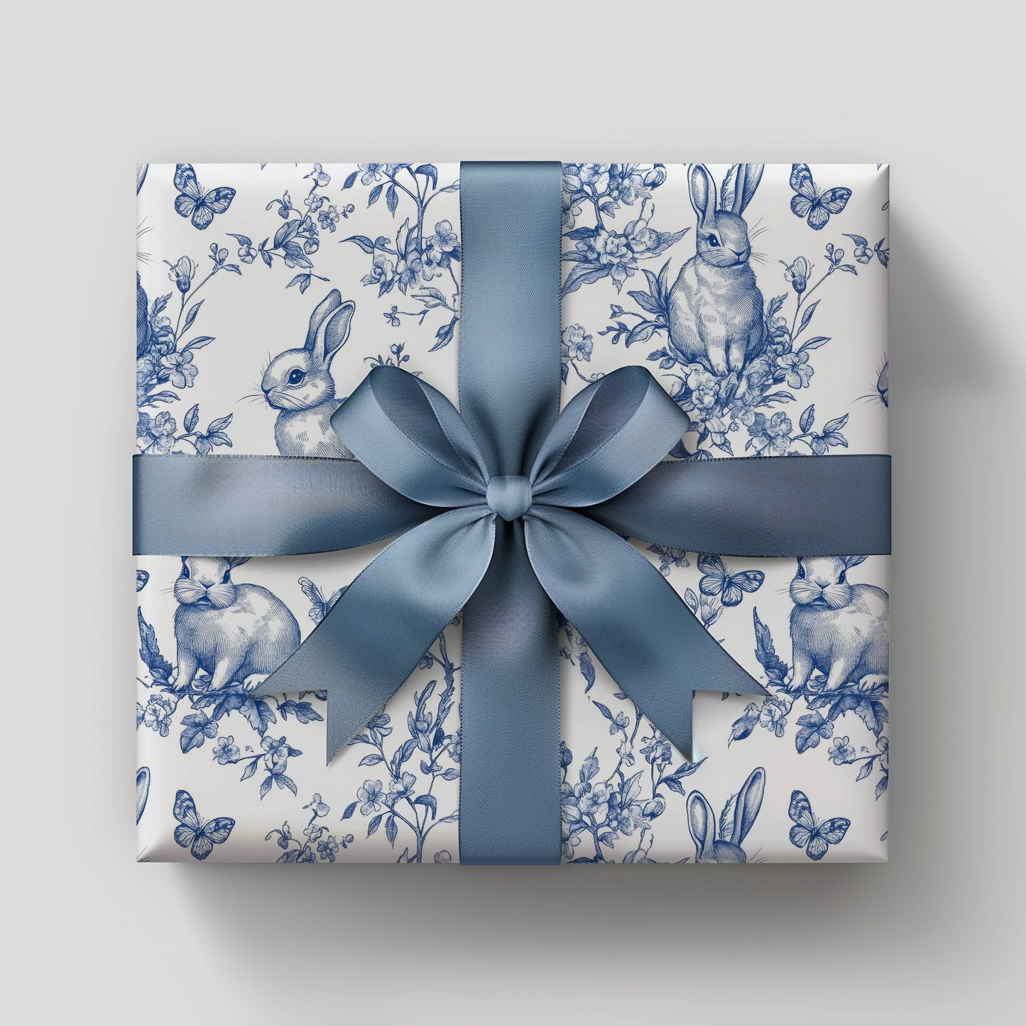 Blue Floral Bunny Toile Vintage Gift Wrapping Paper - Luxury Durable Gift Wrap, Easter, Spring, Baby Shower, Elegant Holiday