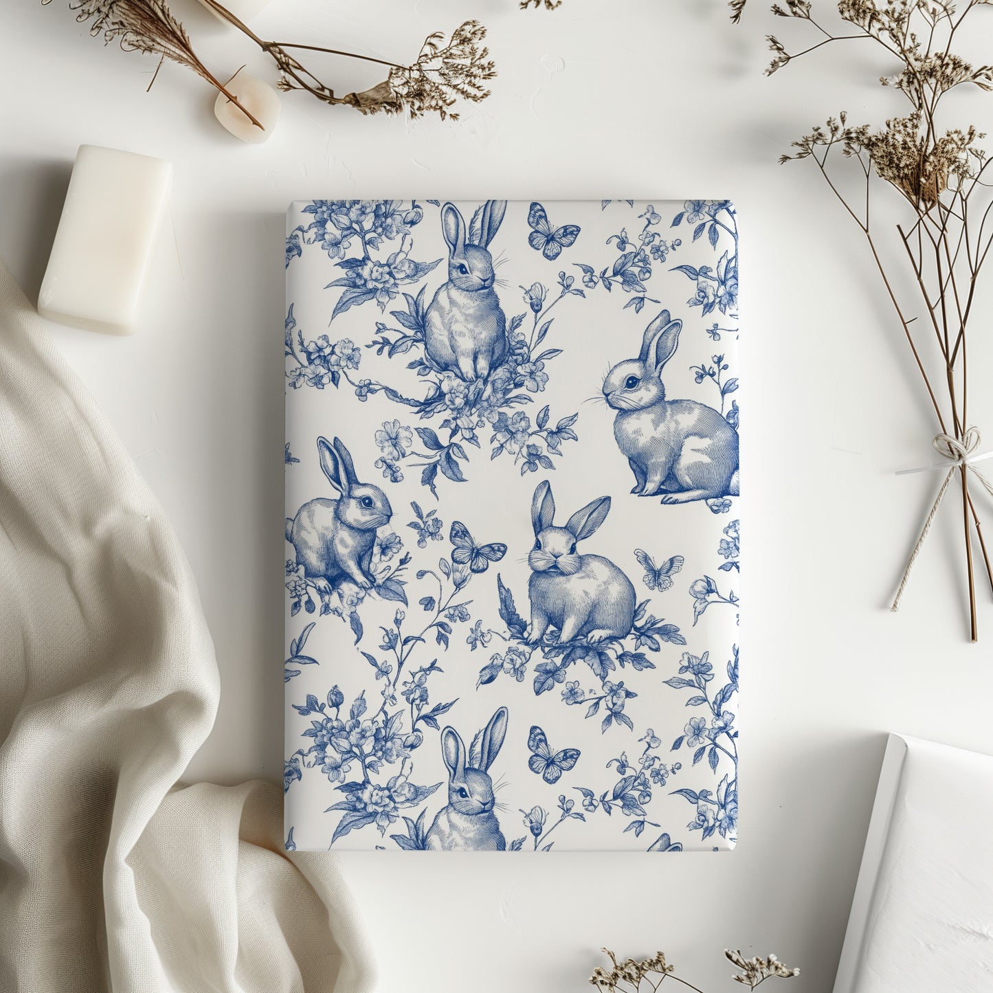 Blue Floral Bunny Toile Vintage Gift Wrapping Paper - Luxury Durable Gift Wrap, Easter, Spring, Baby Shower, Elegant Holiday