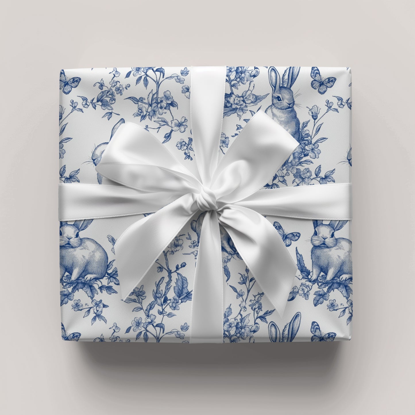 Blue Floral Bunny Toile Vintage Gift Wrapping Paper - Luxury Durable Gift Wrap, Easter, Spring, Baby Shower, Elegant Holiday