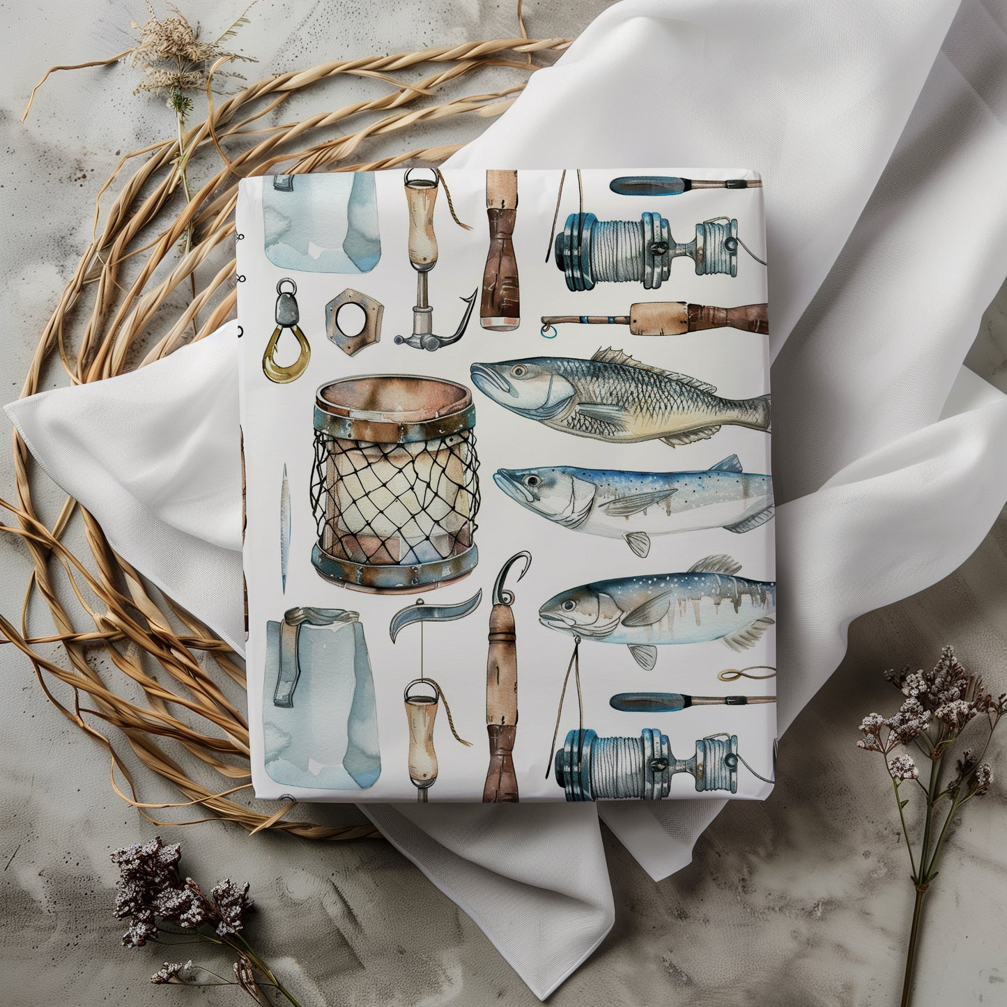Fisherman Gift Wrapping Paper - Fishing Gift, Father's Day, Gift for Him, Americana Gift Wrap, Holiday Gift for Dad