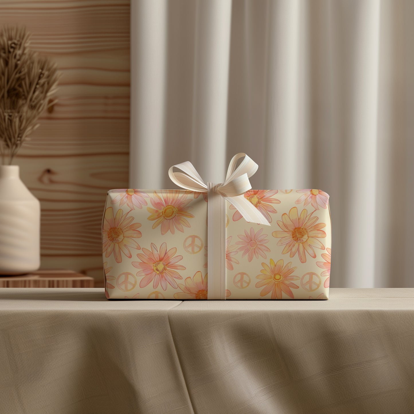Retro Daisy Floral and Peace Sign Gift Wrapping Paper - Birthday Gift Wrap, Mother's Day, Bridal Shower, Baby Shower, Summer Holiday