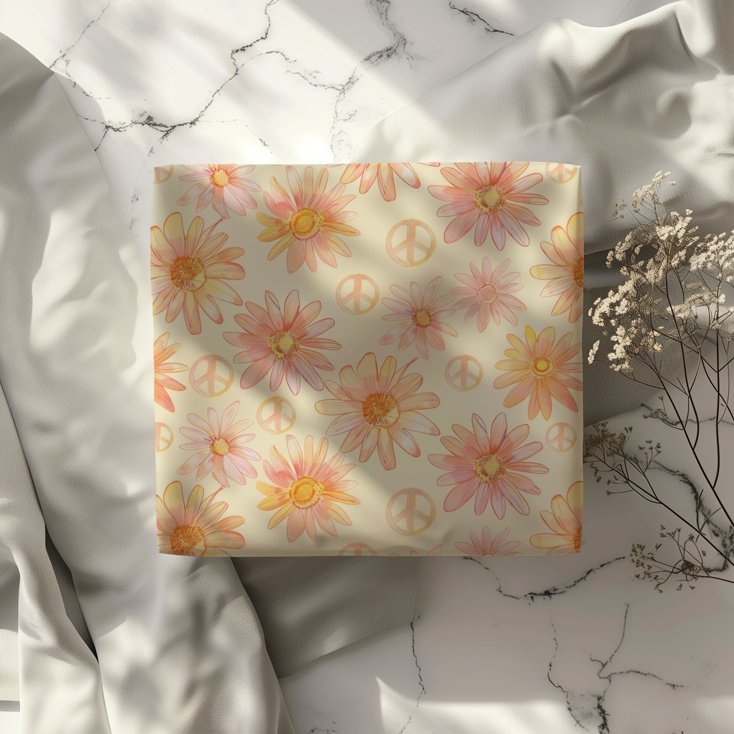 Retro Daisy Floral and Peace Sign Gift Wrapping Paper - Birthday Gift Wrap, Mother's Day, Bridal Shower, Baby Shower, Summer Holiday