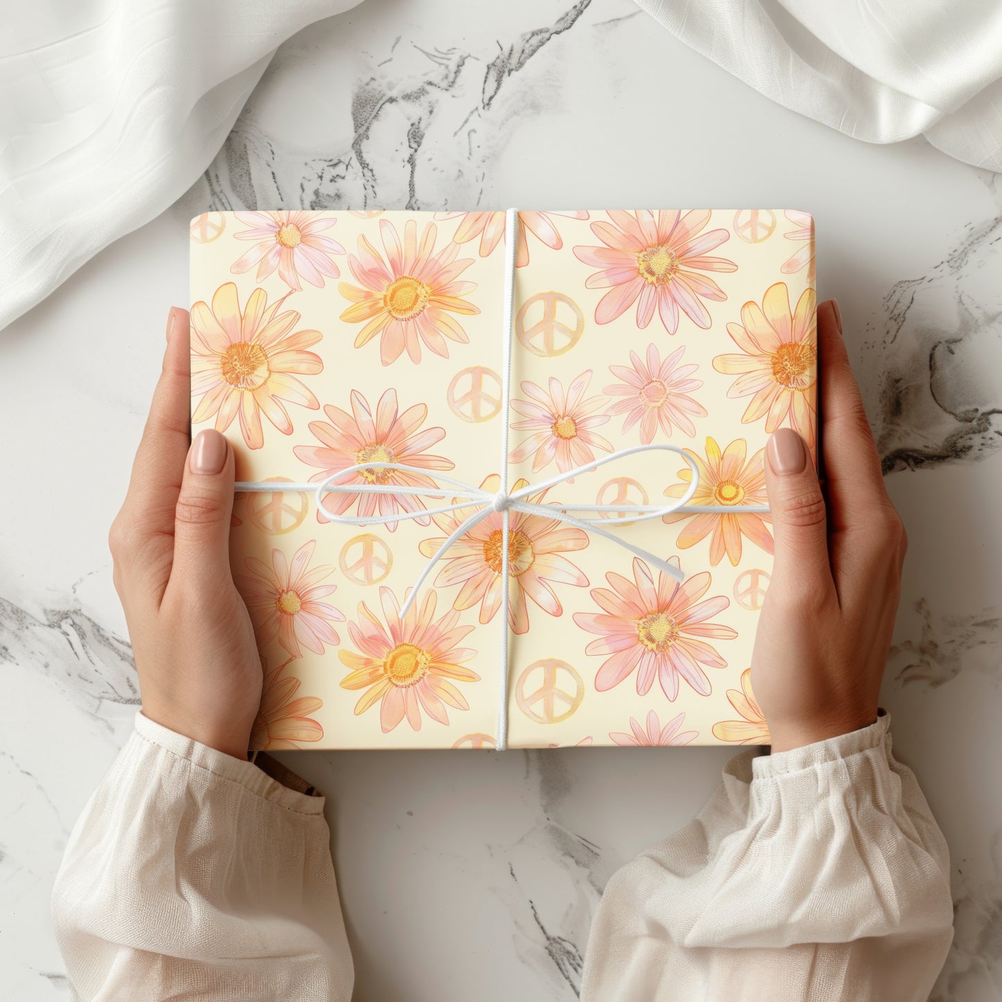 Retro Daisy Floral and Peace Sign Gift Wrapping Paper - Birthday Gift Wrap, Mother's Day, Bridal Shower, Baby Shower, Summer Holiday