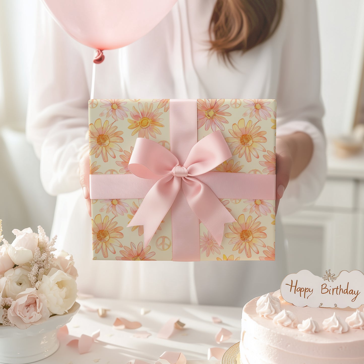 Retro Daisy Floral and Peace Sign Gift Wrapping Paper - Birthday Gift Wrap, Mother's Day, Bridal Shower, Baby Shower, Summer Holiday