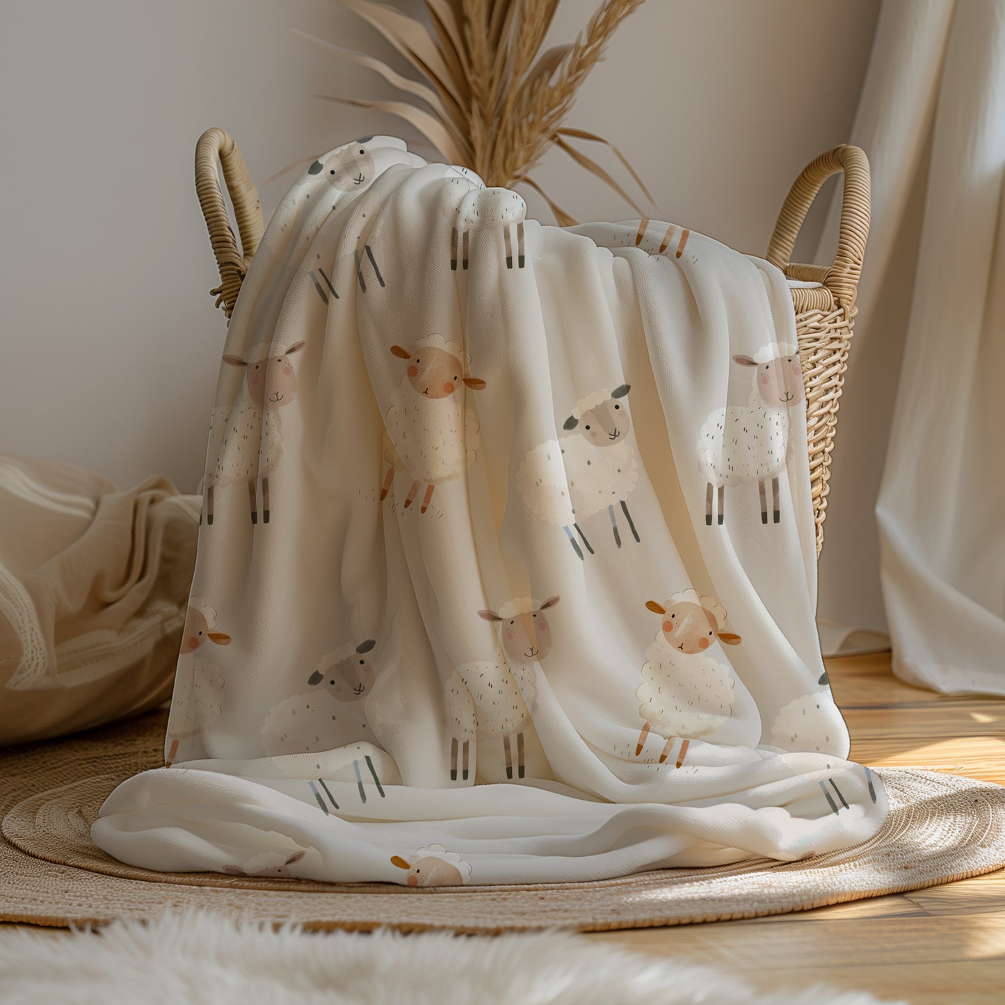 Whimsical Sheep/Cute Lamb Neutral Gray Velveteen Plush Throw Blanket - Nursery - Baby Shower Gift - Kids Room - New Parents - Spring
