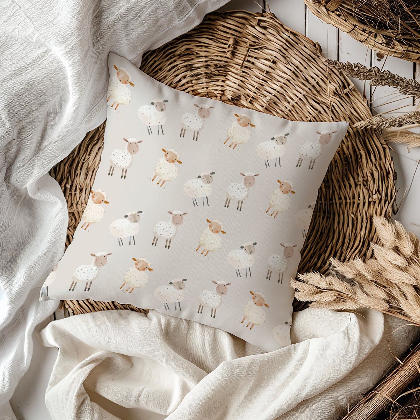 Whimsical Lamb/Cute Sheep Neutral Gray Square Throw Pillow - Nursery - Kids Room - Baby Shower - Spring - Easter