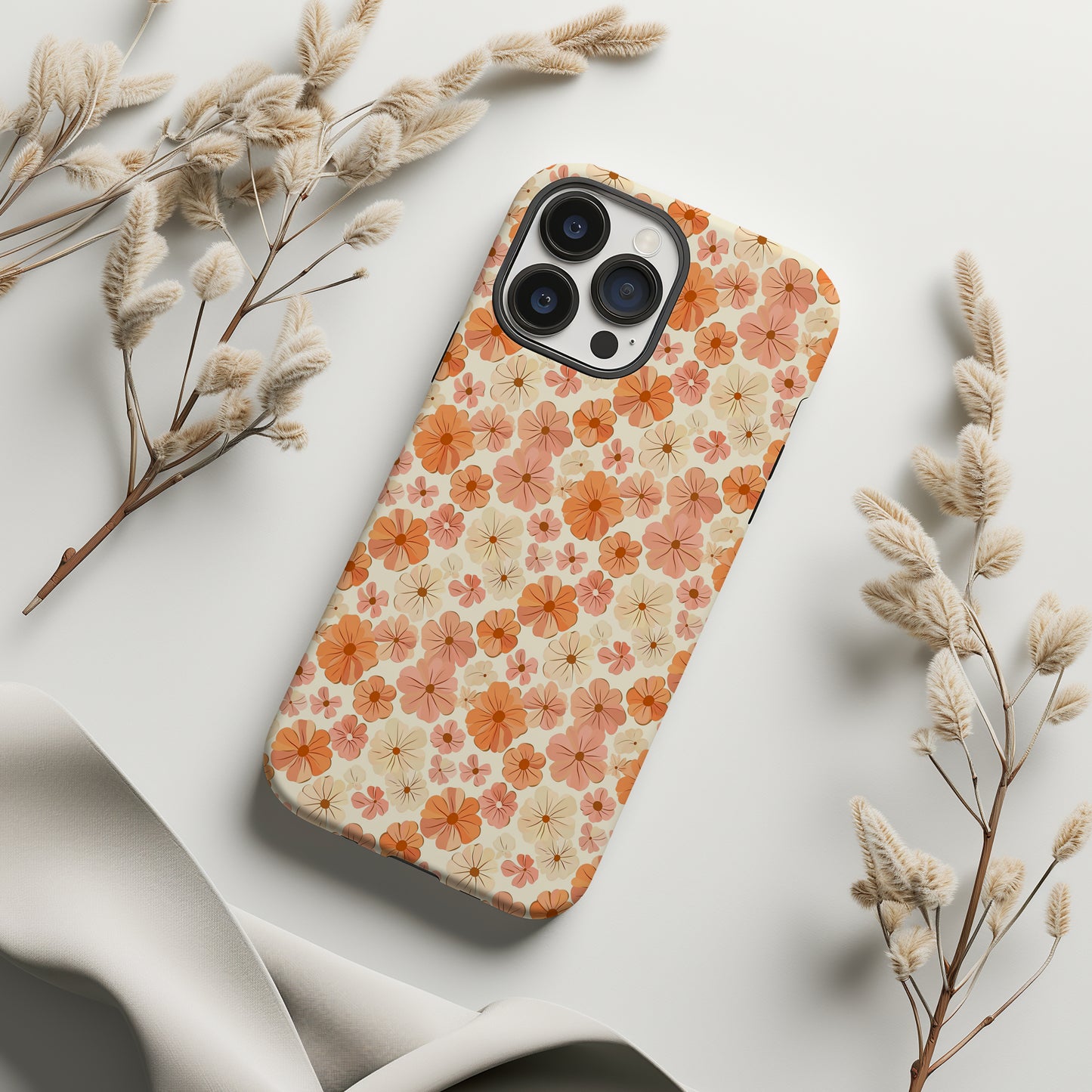 Flower Child Retro Pink Orange and White Floral Tough Phone Case