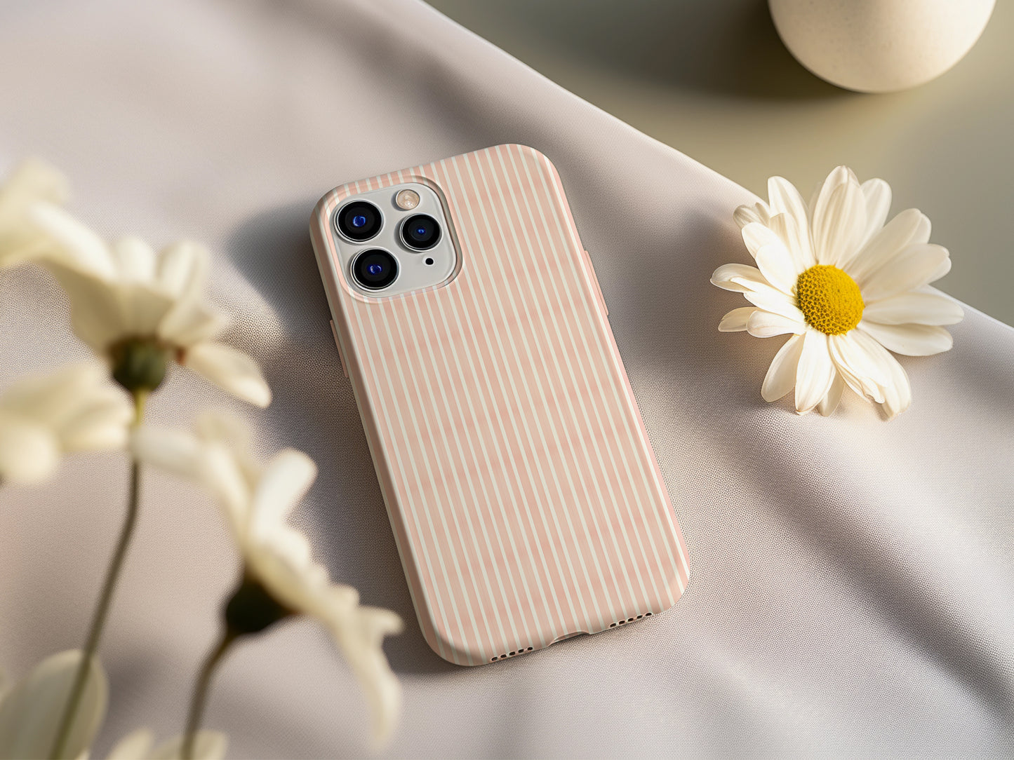 Blush Pink and White Ticking Stripe Tough Phone Case
