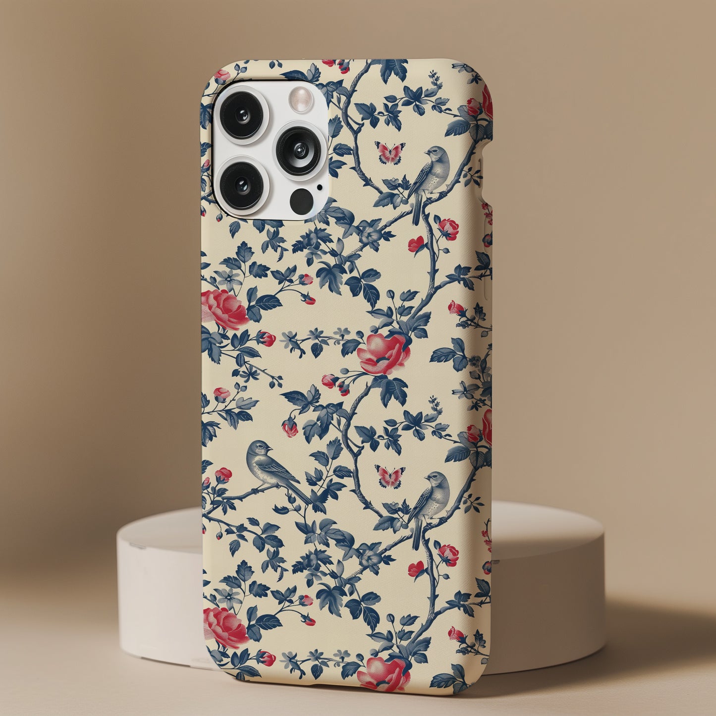Vintage Blue with Red Bird and Flowers Toile De Jouy Tough Phone Case