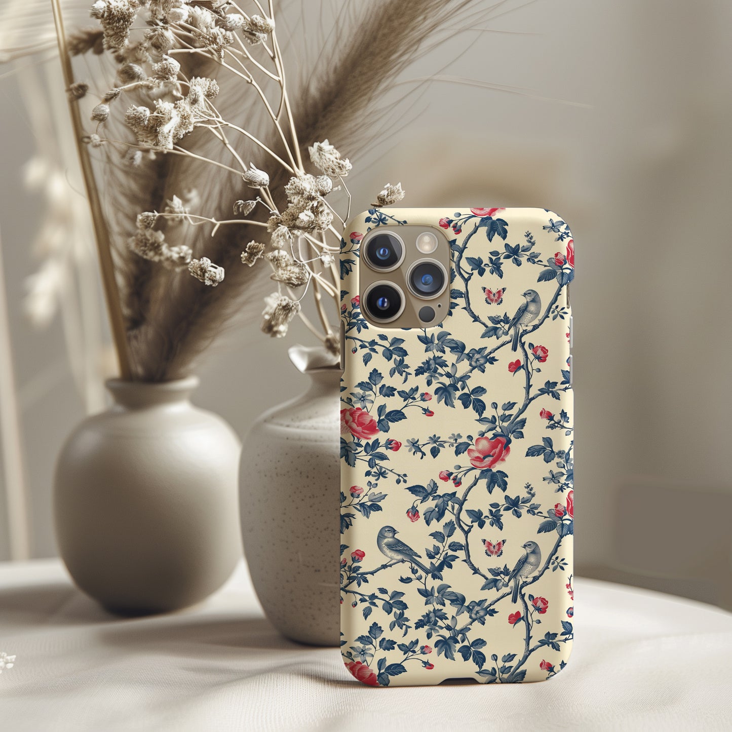 Vintage Blue with Red Bird and Flowers Toile De Jouy Tough Phone Case
