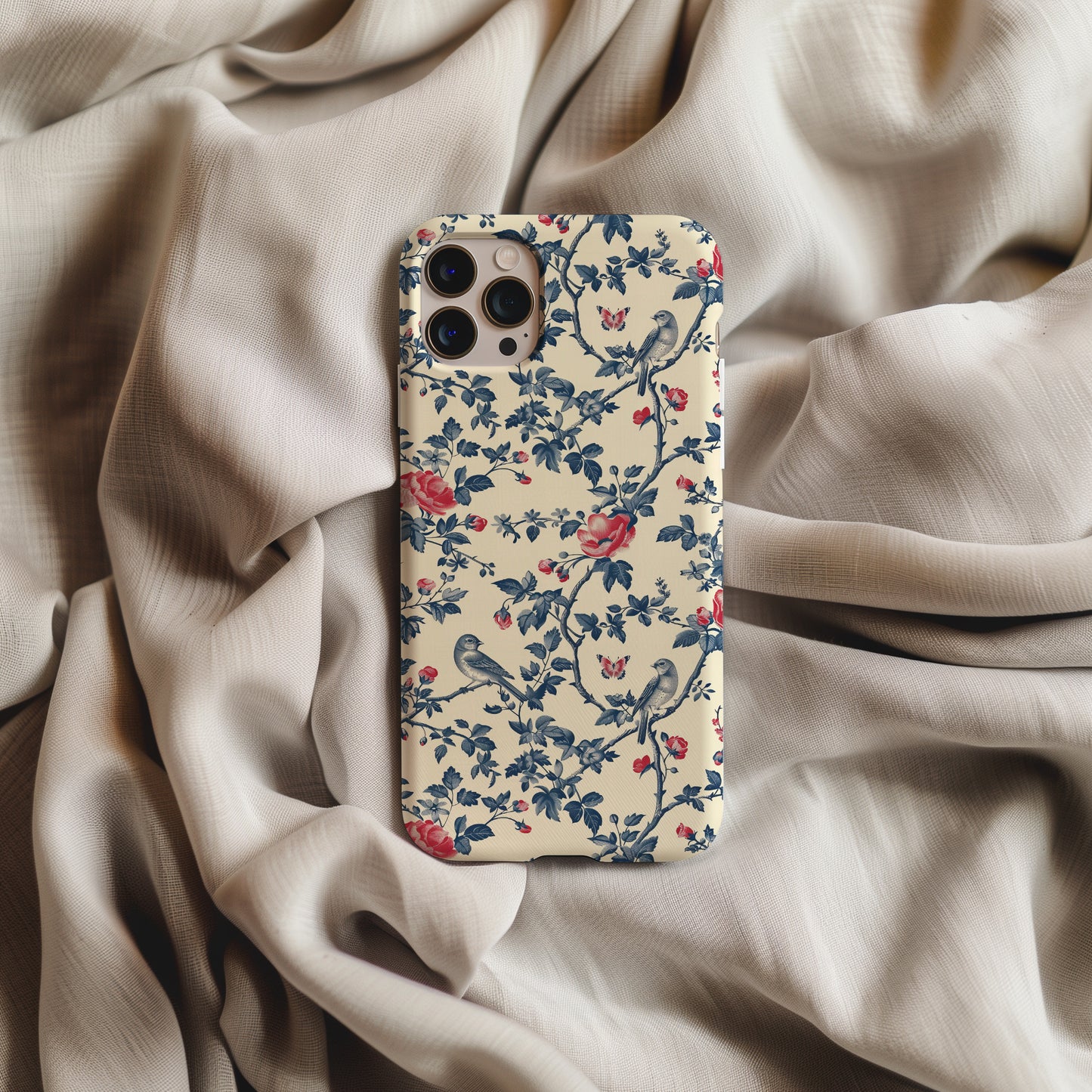 Vintage Blue with Red Bird and Flowers Toile De Jouy Tough Phone Case