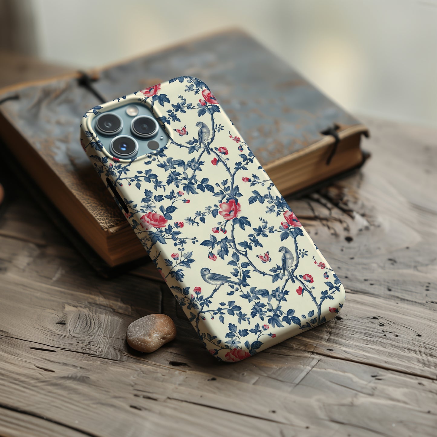 Vintage Blue with Red Bird and Flowers Toile De Jouy Tough Phone Case