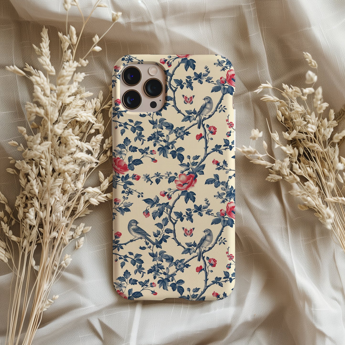 Vintage Blue with Red Bird and Flowers Toile De Jouy Tough Phone Case