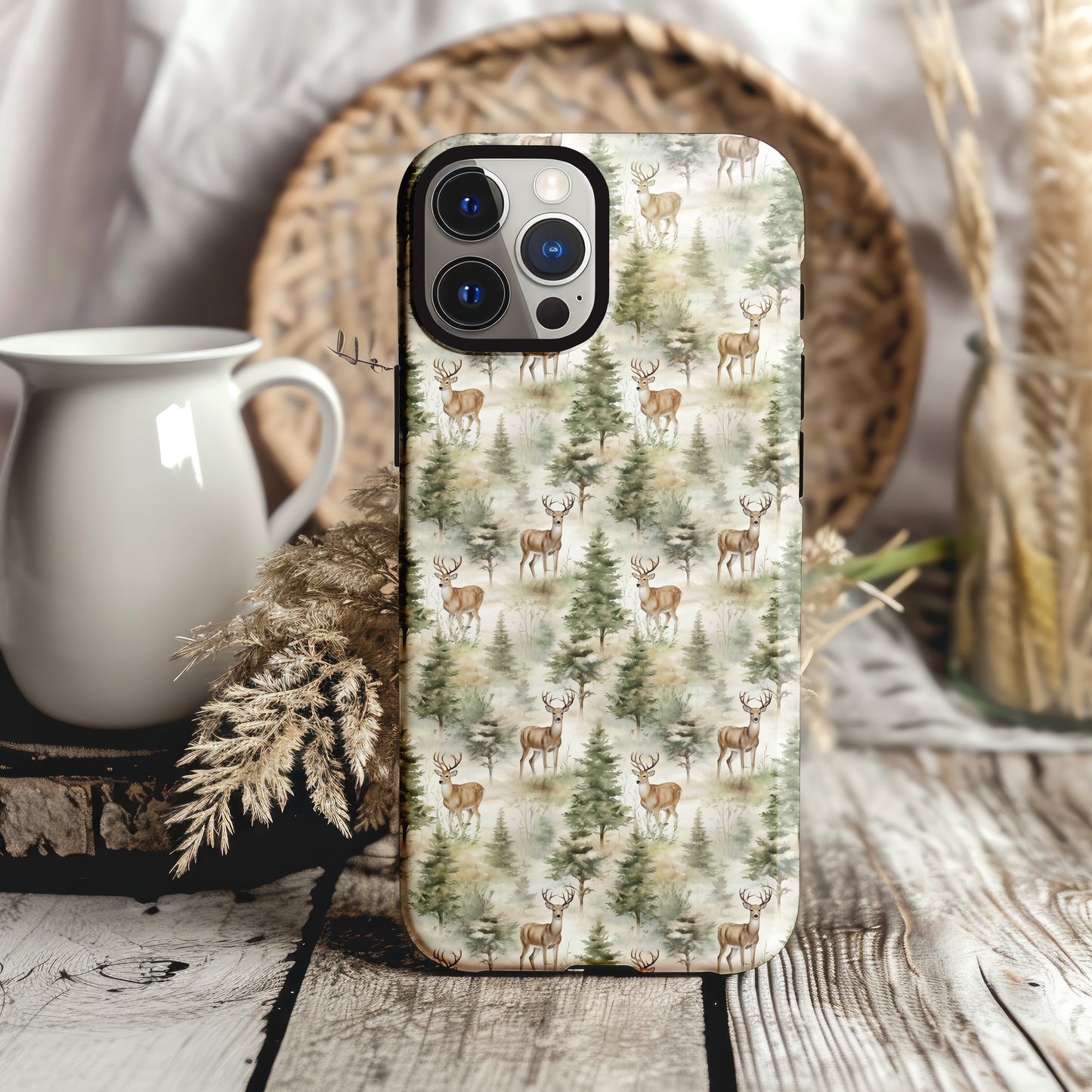 Deer and Fir Tree Scene Rustic Tough Phone Case