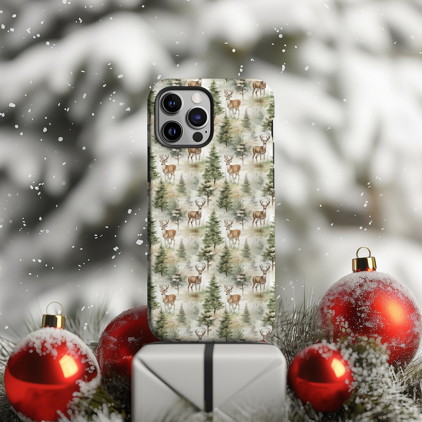 Deer and Fir Tree Scene Rustic Tough Phone Case