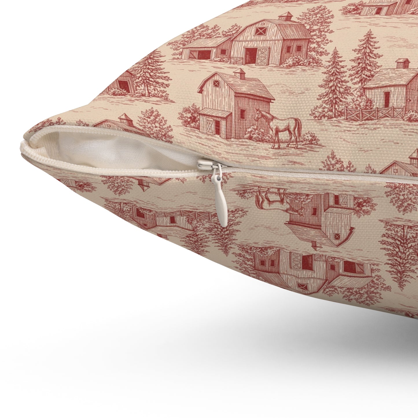 Red Barn Vintage Toile de Jouy Print Holiday Christmas Square Throw Pillow